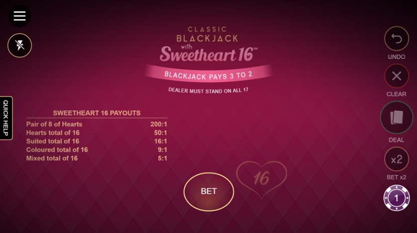 Blackjack classique avec Sweetheart 16